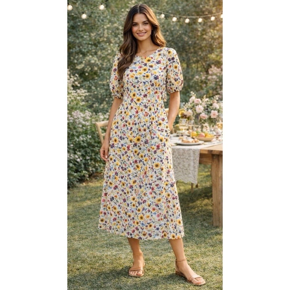Old Navy Floral Puff Sleeve Midi Dress Cottagecore Prairie Boho M Garden NWT